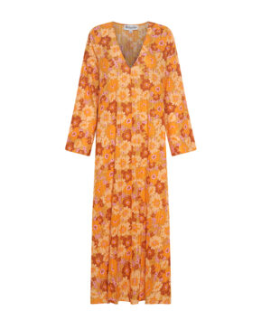 Bohemian Traders – V Neck Smock Dress In Peach Multi